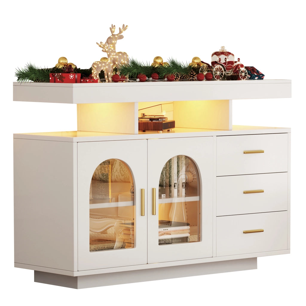 Credenza con 3 cassetti; vani aperti e LED RGB per soggiorno; 120 x 40 x 80 cm; bianco