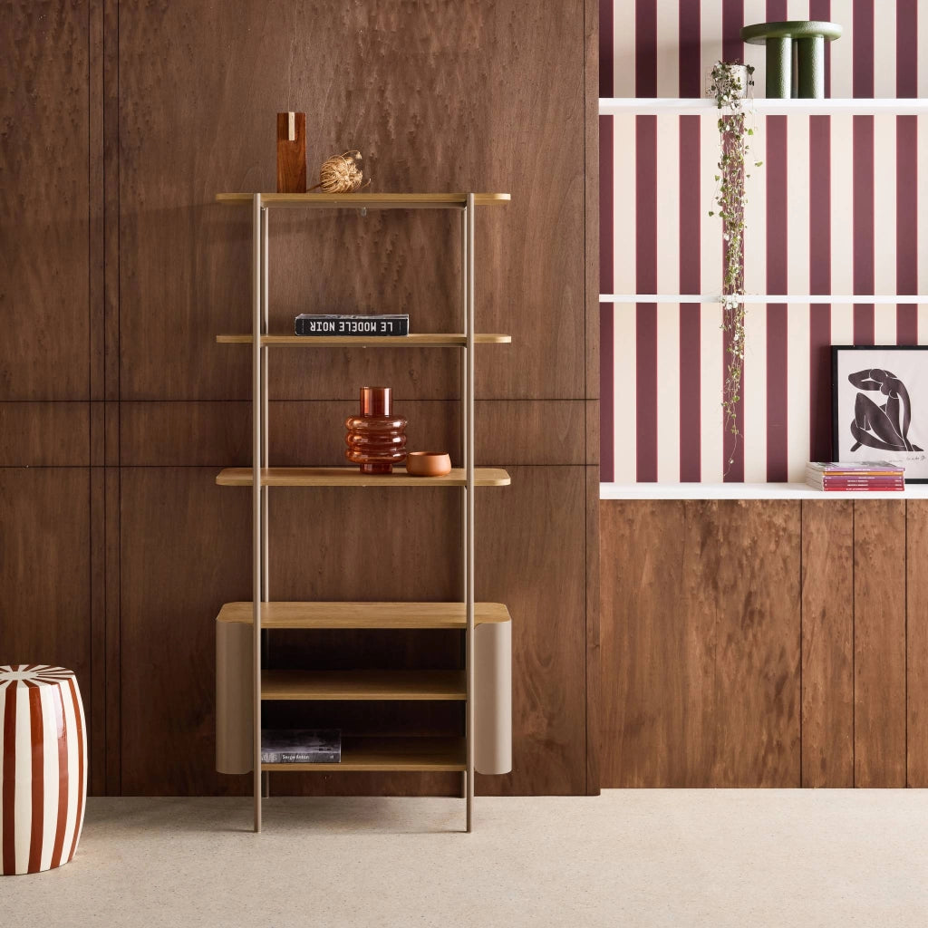 Libreria in metallo curvato e legno a 6 livelli, marrone