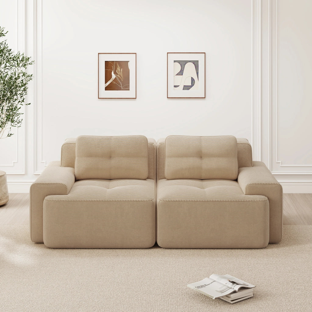divano modulare boneless in velluto a coste; seduta profonda; base antiscivolo; braccioli larghi; beige