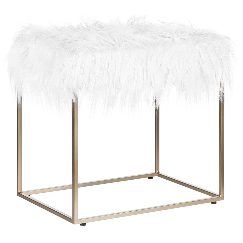 Poggiapiedi in finta pelliccia bianco con base in metallo dorato Sgabello da toeletta in Tappeto finta pelle di montone Glam Modern