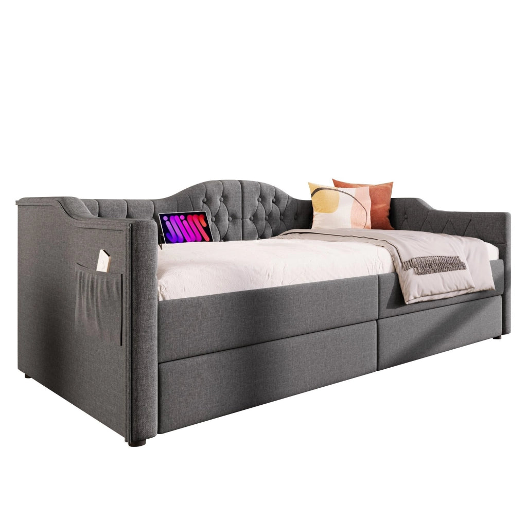 Letto da giorno imbottito 90x200 cm con 2 cassetti; USB e Type-C; grigio in lino