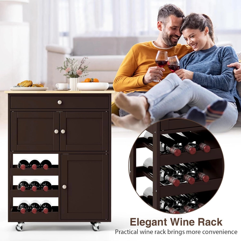 Carrello da cucina mobile con cassetto, porte e ripiani per bottiglie, isola di cucina con ruote e coperchio in legno di gomma, 67 x 37 x 86 cm, mobile di stoccaggio per sala da pranzo