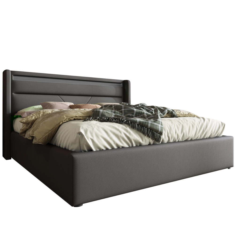 Letto matrimoniale imbottito 160x200 cm in PU grigio con LED e contenitore idraulico