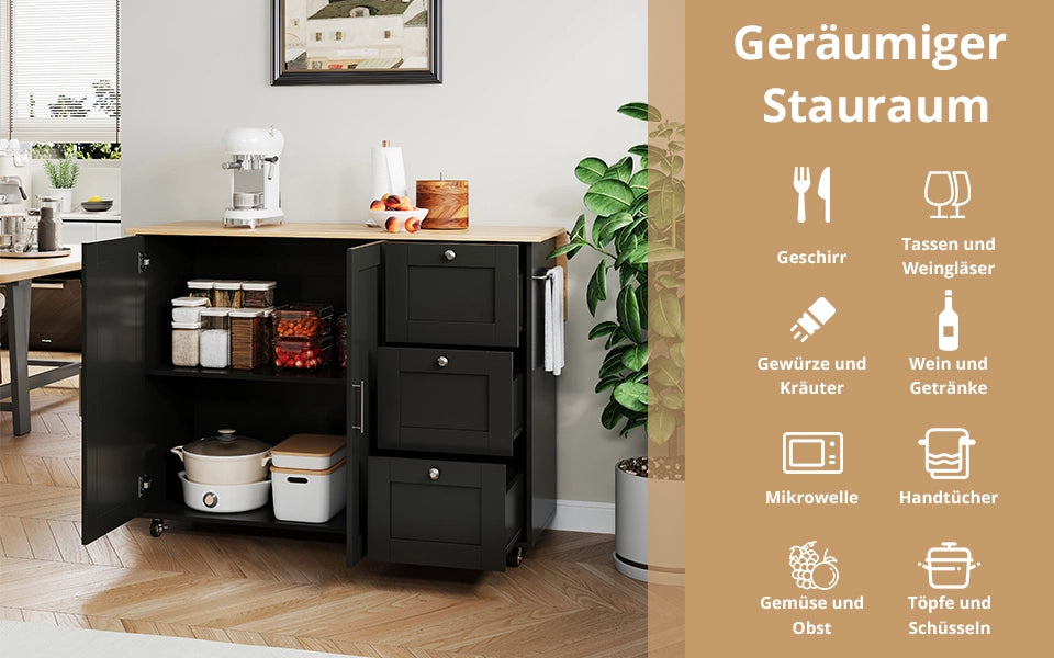 Carrello cucina mobile pieghevole con piano effetto rovere, 3 cassetti, armadio a 2 ante, ruote frenanti