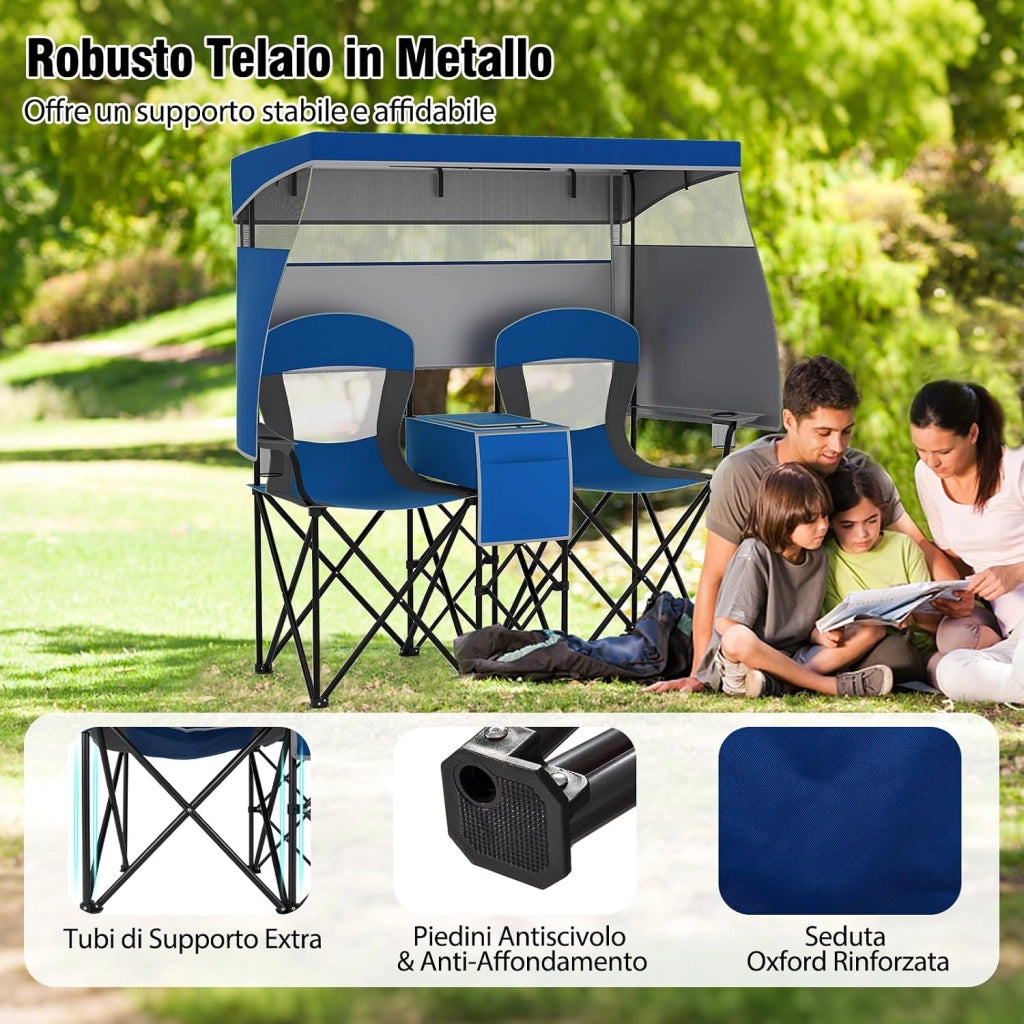 Sedia Spiaggia a Doppio, Sedia da Campeggio con Tettoia Regolabile, Poltrona Loveseat per 2 Persone, con Borsa da Trasporto, Borsa Termica, per Giardino Picnic, Portata 300 kg (Blu)