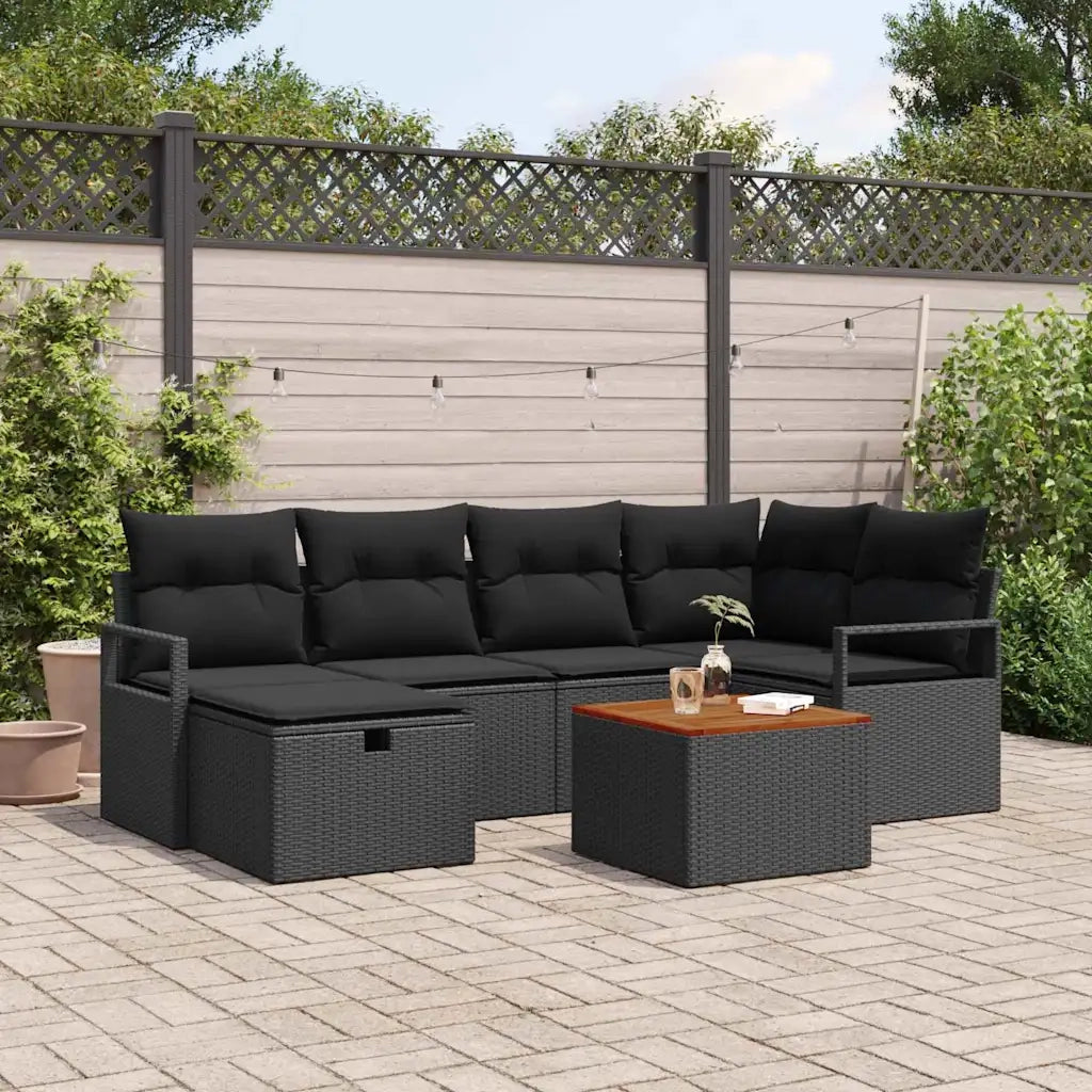 Set Divano da Giardino con cuscino 7 pcs Nero polyrattan