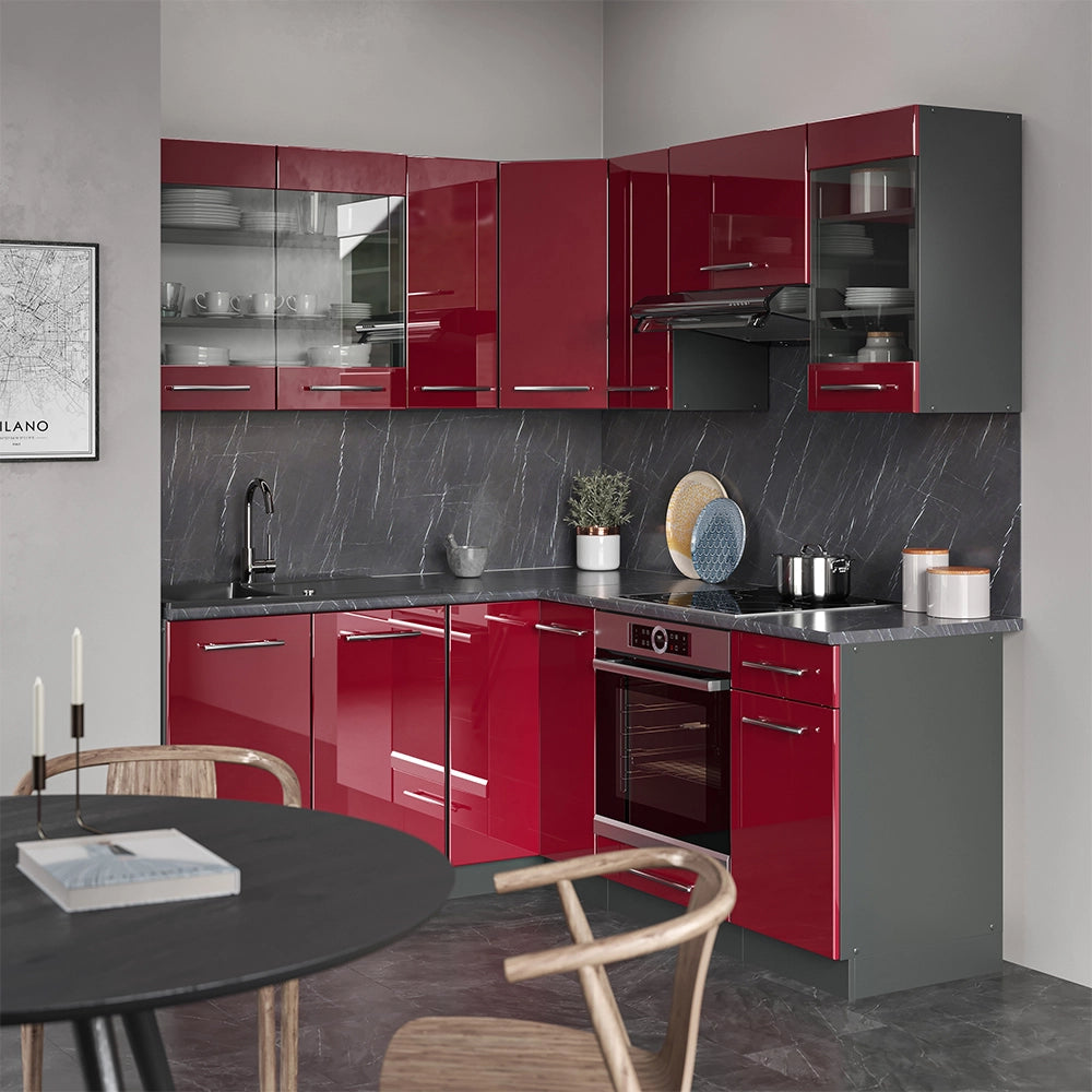 Vicco Cucina angolare completa Bordeaux lucido/antracite 160 x 190 cm , PL Rovere