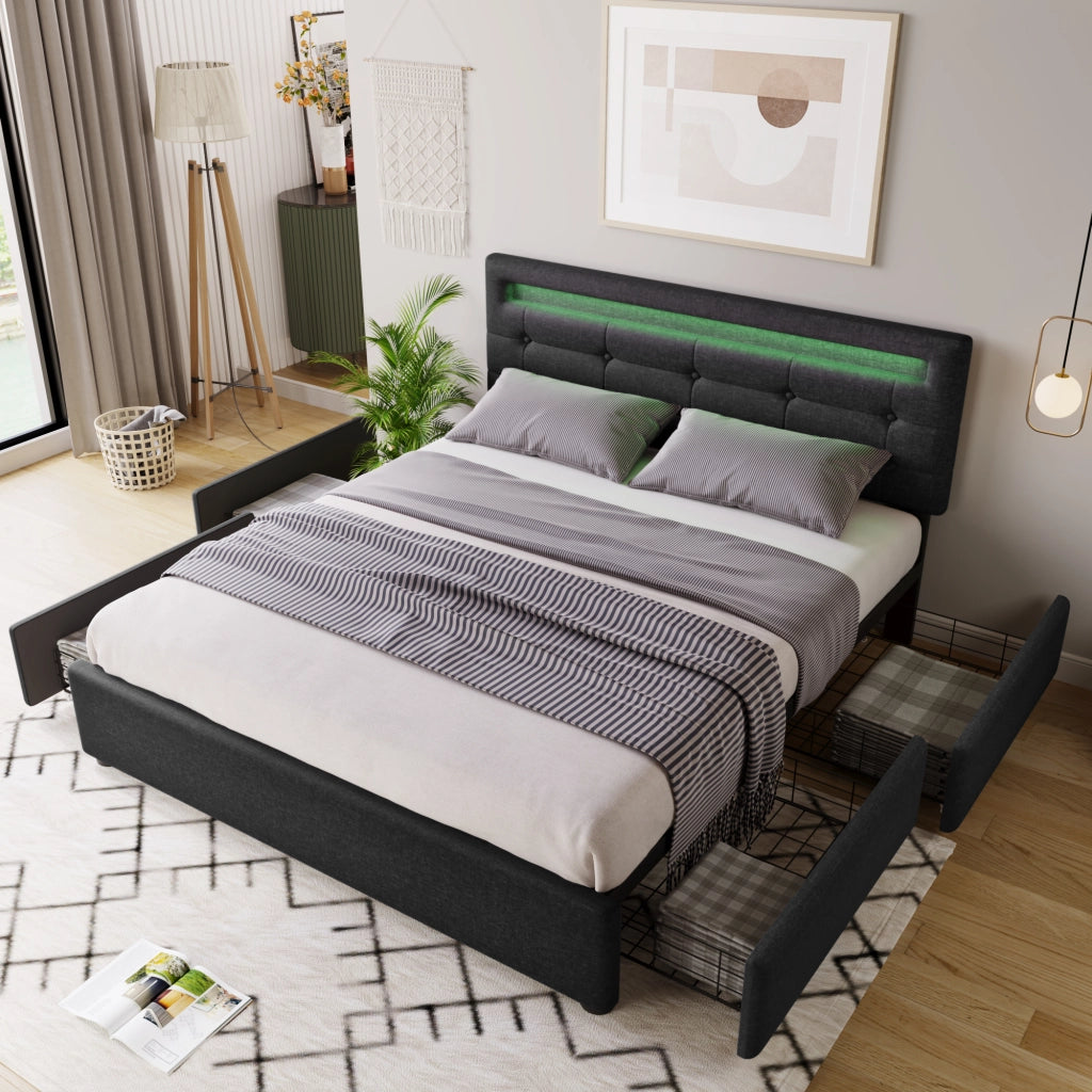 Letto matrimoniale – 140x200 cm – LED 4 cassetti con materasso – legno nero