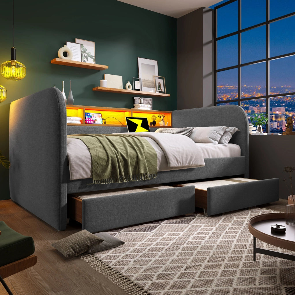 Letto imbottito con 2 cassetti; testiera con LED e USB-C; 140x190 cm; grigio