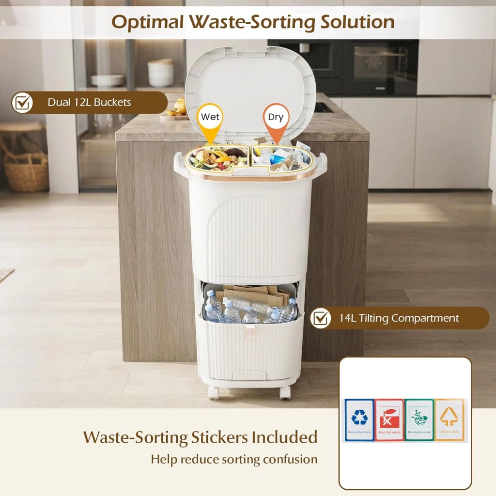 Pattumiera da cucina a 3 scomparti, 38 l, pattumiera con ruote, pattumiera a pedale con coperchio, pedale e manico, a doppio piano, in plastica, sistema di raccolta differenziata della