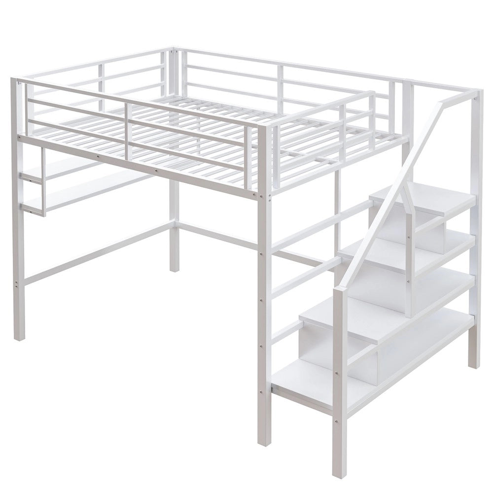 Letto a Soppalco 140x200 ¨C MINIMAL ¨C Bianco, con Scaletta Contenitore e Rete a Doghe, senza Materasso