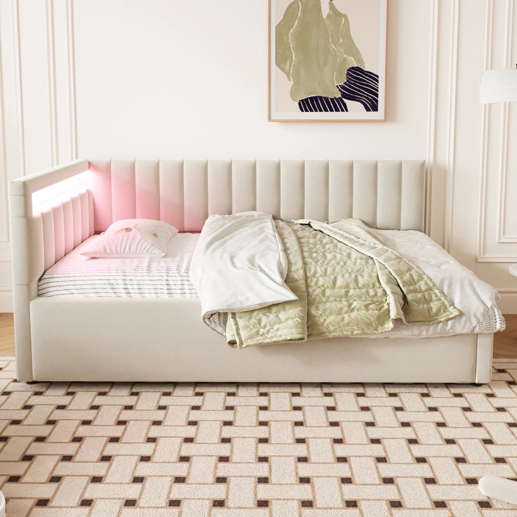 OKWISH Letto Divano 90×200 cm, Letto Singolo con LED, Vano Contenitore Idraulico e Testiera Reversibile, senza Materasso, Velluto, Beige