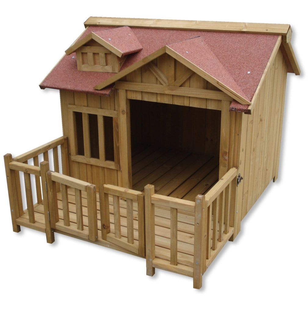 Cuccia e capanna per cani di lusso XL Terrazza in legno e porta a lamelle Legno massiccio