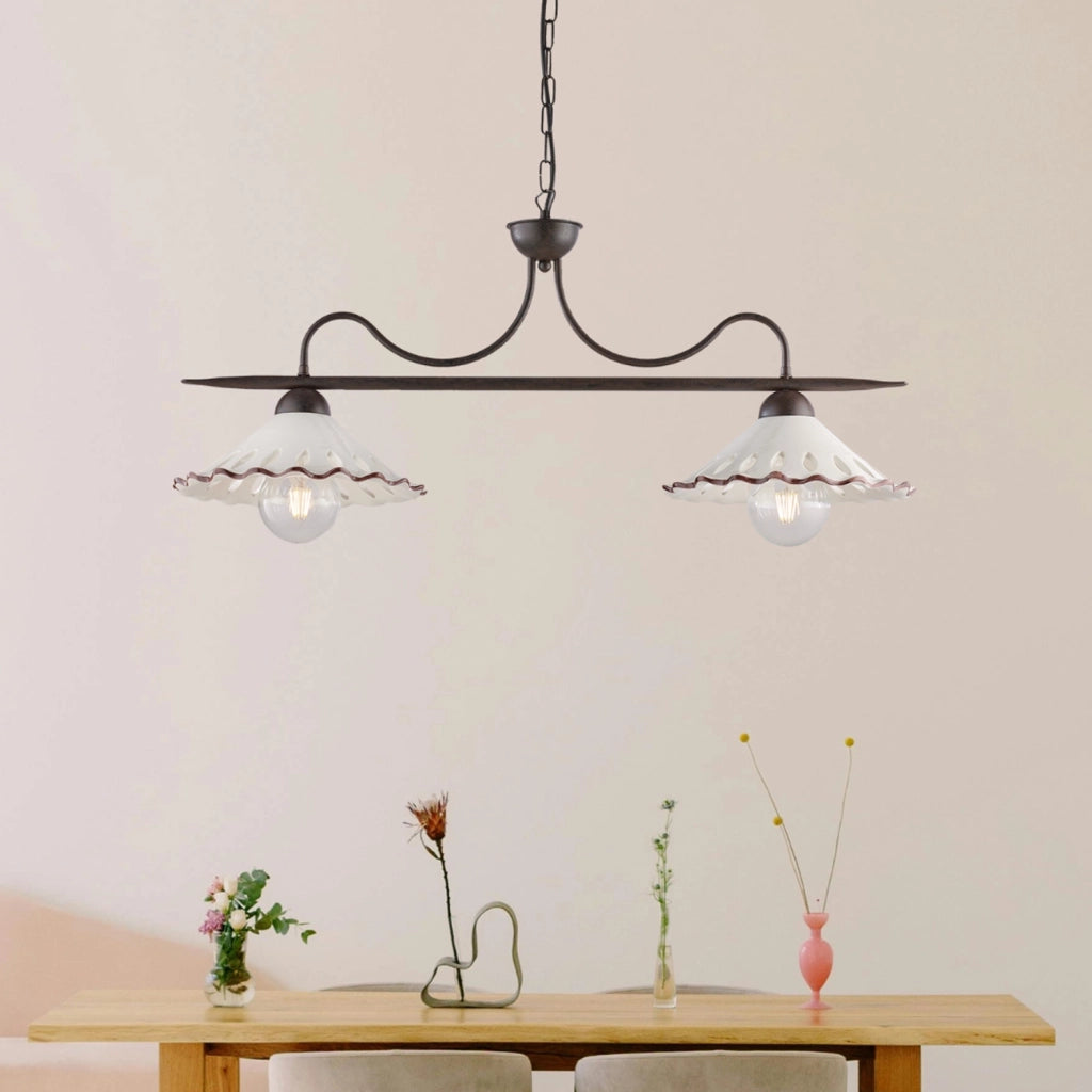 Bilanciere 2 Luci Osteria In Ferro Nero Ruggine E Coppe In Ceramica Decorata