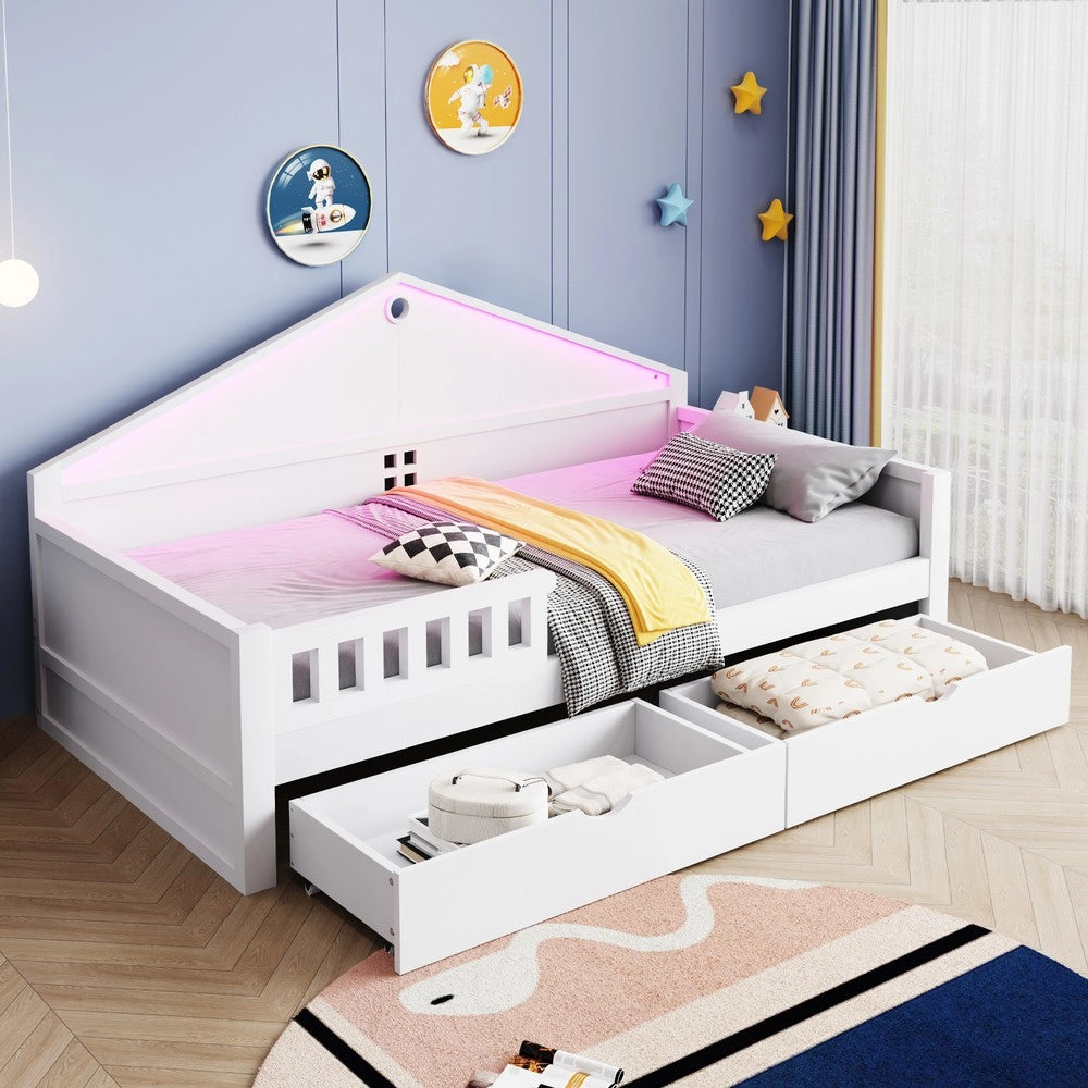 Letto Singolo Bambini con LED e Cassetti ¨C Xylo ¨C Bianco 90x200