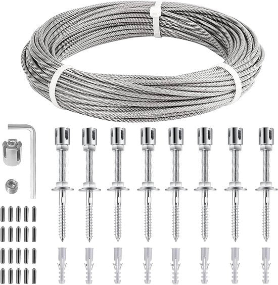 Supporto per piante di corda in acciaio inossidabile 304 completo di supporto per parete e cavo di acciaio 3 mm per piante di corda - 8 supporti 12 corda