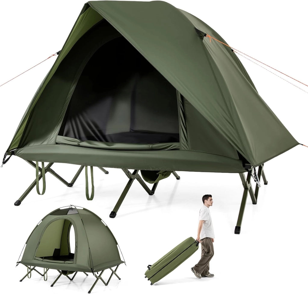 Tenda da Campeggio per 2 Persone, Tenda Impermeabile e Pieghevole per Adulti con Riparo Esterno, Borsa con Ruote Portatile, 2 Porte a Rete e Tetto con Lucernario per Campeggio e Spiaggia