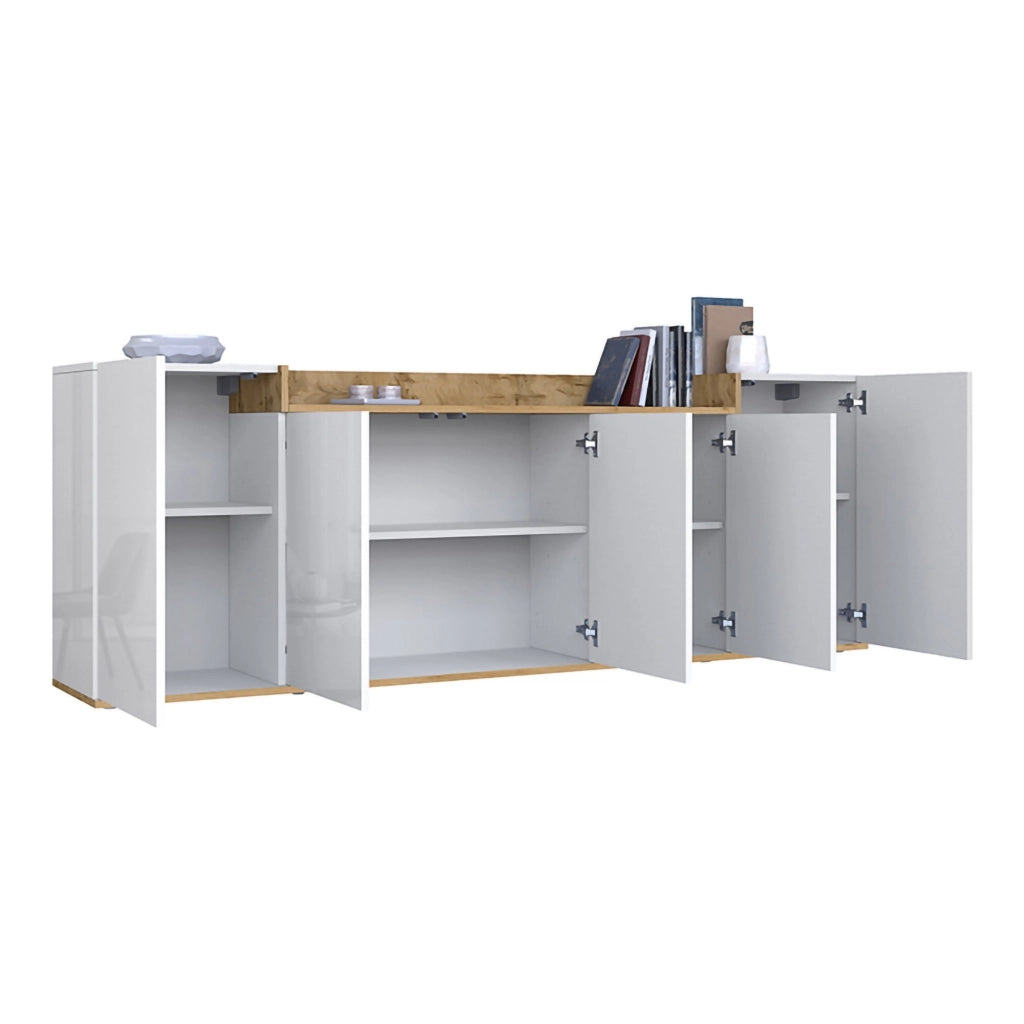 Madia Cordele, Credenza 7 Ripiani Made in Italy, 200x35x70h cm Bianco Lucido