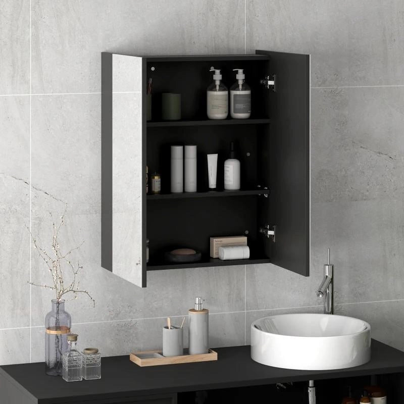 ARMADIETTO PENSILE BAGNO 2 ANTE CON SPECCHIERA E 2 RIPIANI INTERNI IN MDF, 60X15X75 CM, NERO