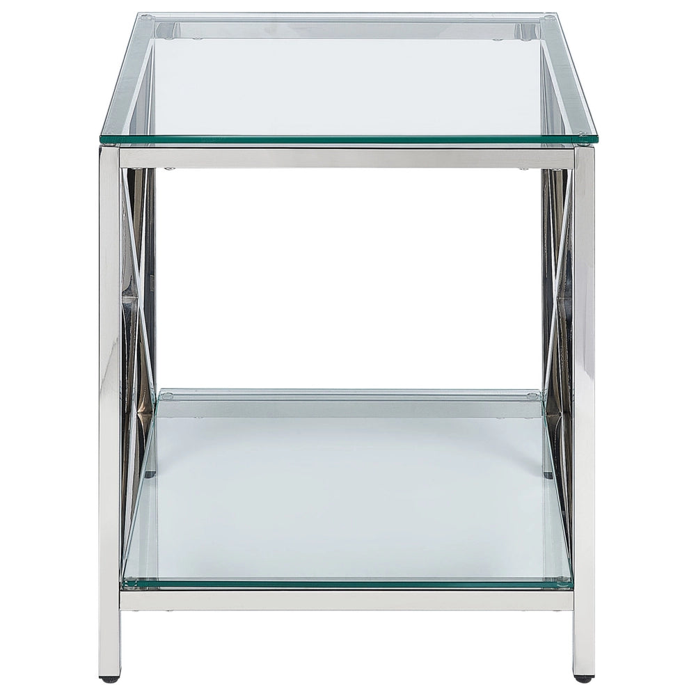 Tavolino in vetro temperato e acciaio argentato e trasparente 45 x 45 cm stile moderno soggiorno