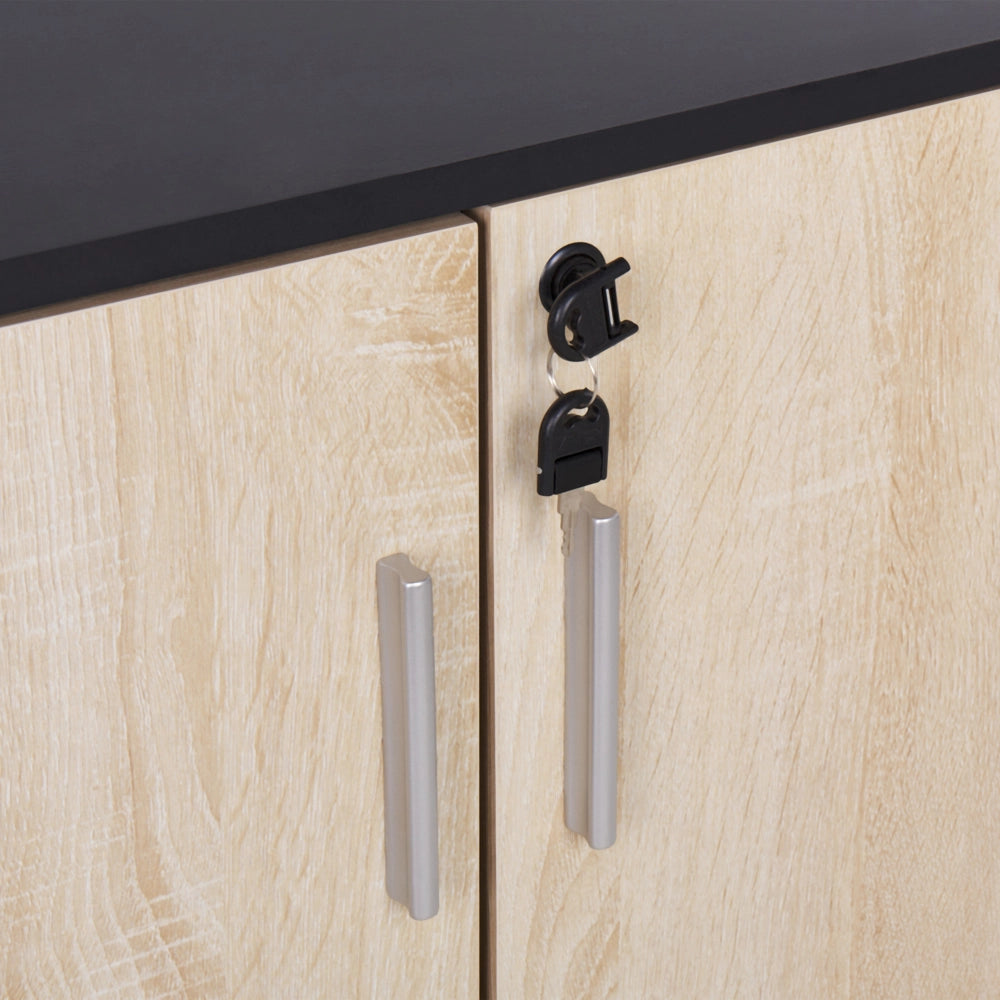 Armadietto moderno a 2 porte e 3 ripiani con chiusura a chiave in legno chiaro e nero design moderno ufficio contemporaneo