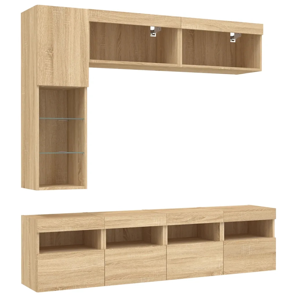 Set Mobili TV a Muro 7 pz con Luci LED Rovere Sonoma