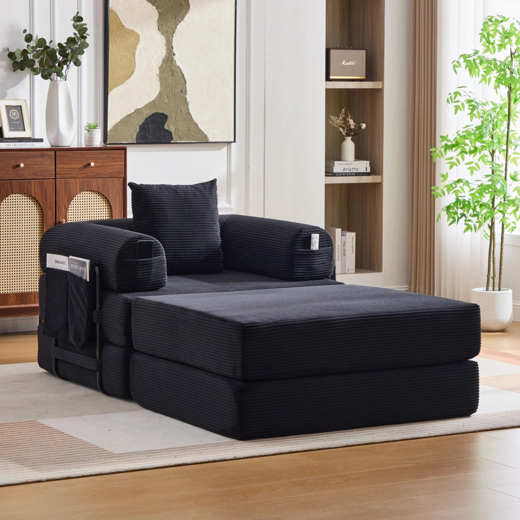 Divano modulare in velluto a coste nero 112 x 190 x 67 cm con cuscino e tasca laterale
