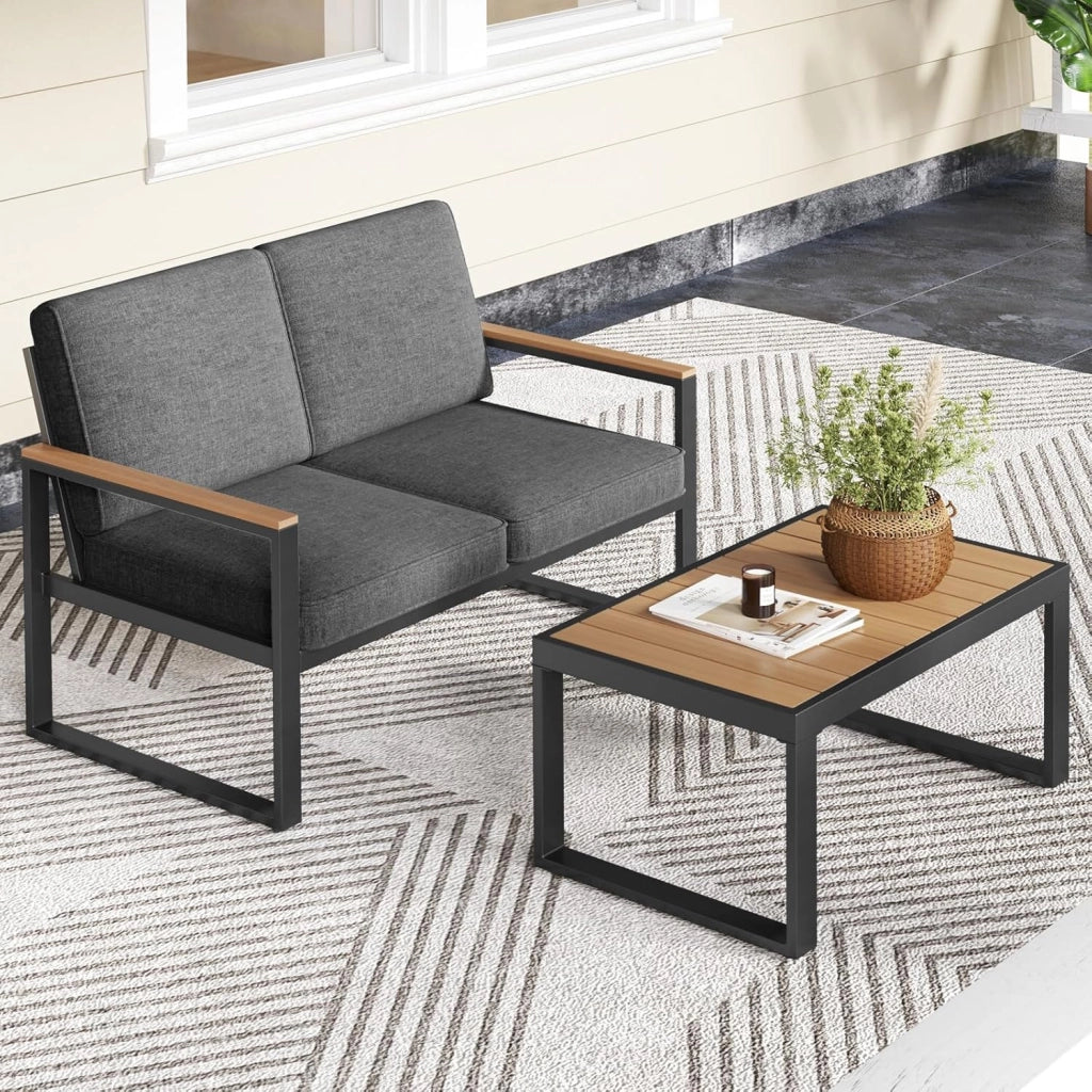 Set da Giardino in Alluminio a 2 Pezzi, Set Tavolino e Poltrona da Giardino, Set da Conversazione da Esterno, Divano Sezionale Imbottito con Tavolino da Caffè, per Cortile Balcone