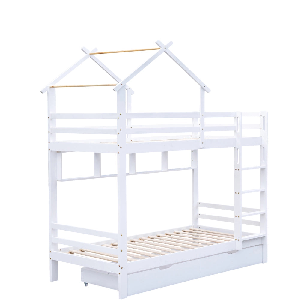 Letto a Castello 90x200 cm con Cassetti; Mensole e Scala a tre gradini; Bianco