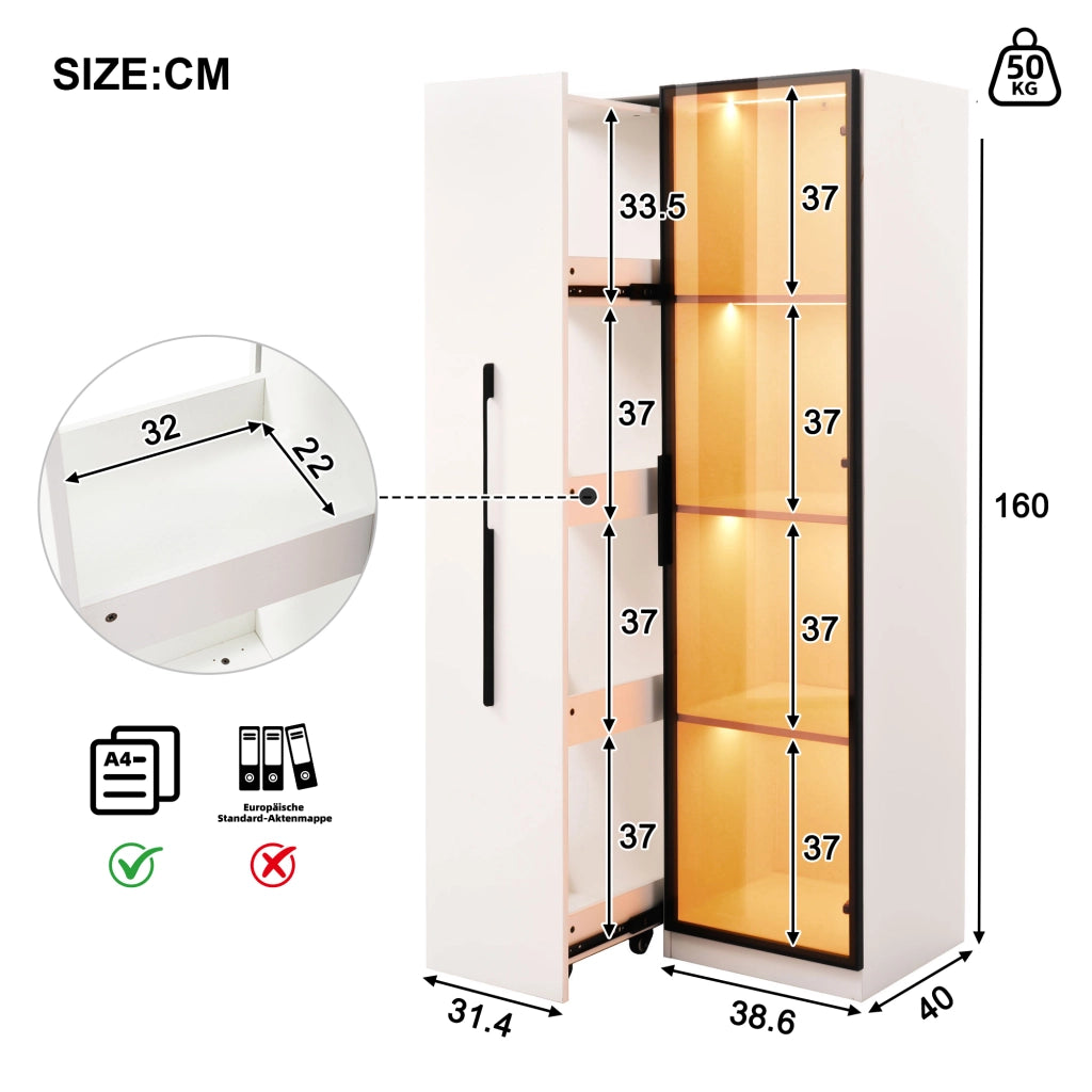 Vetrina con libreria estraibile 70x40x160 cm in MDF bianco con LED, vetro temperato, 1 anta e 2 colli