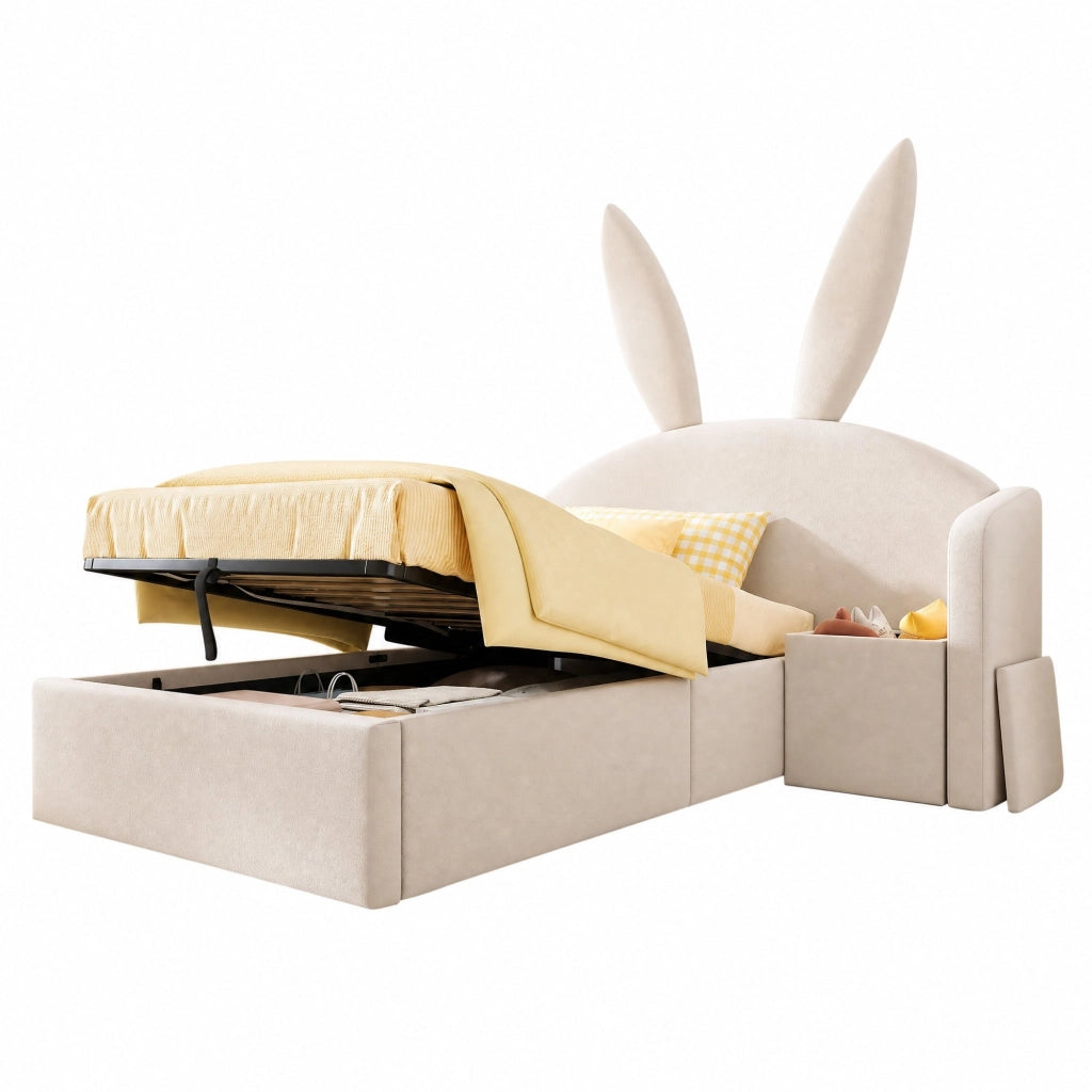 Letto per bambini 90x190 cm in velluto beige con testiera a coniglietto; contenitore e comodino