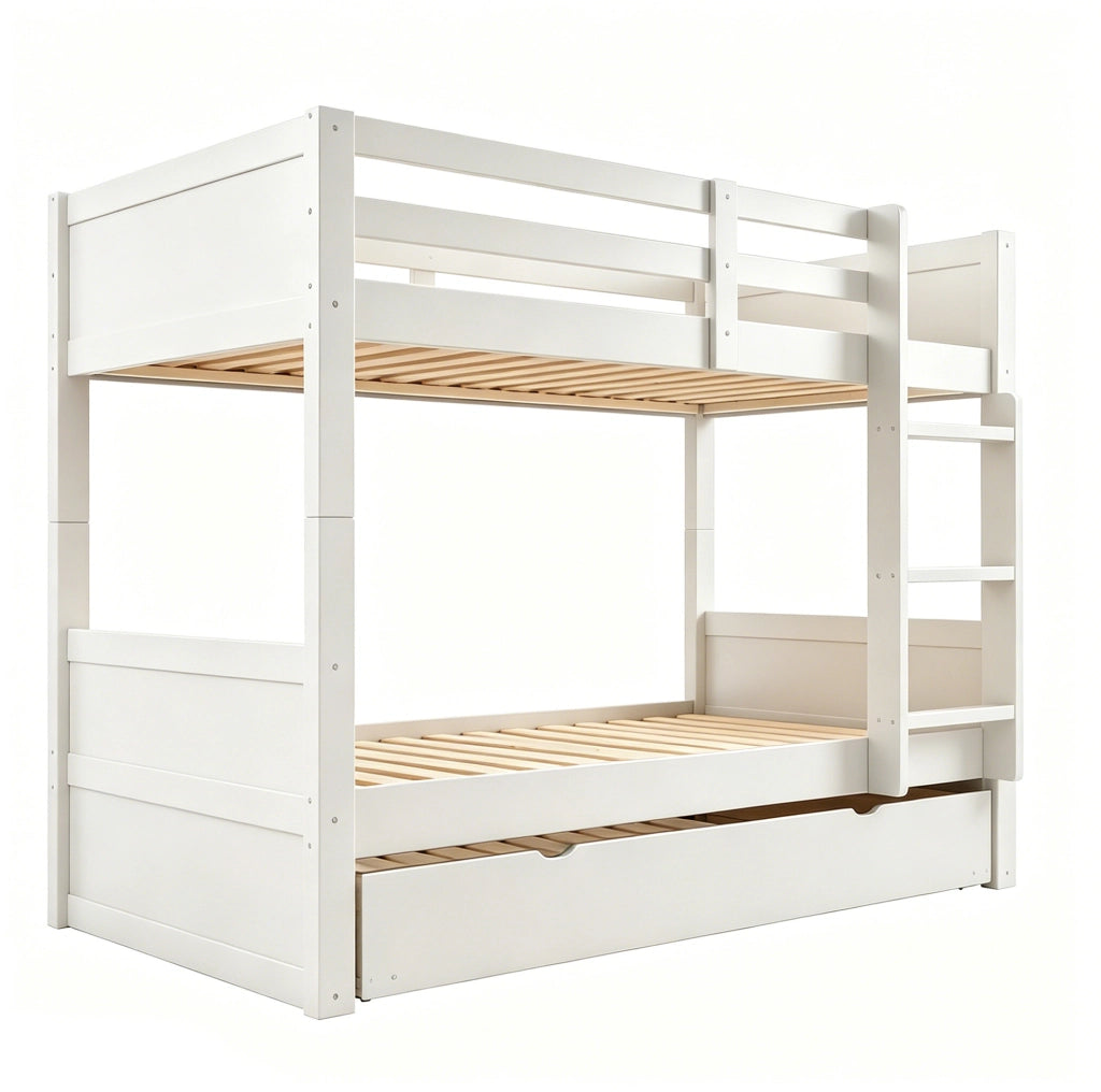 Letto a castello 90x200 cm trasformabile con letto estraibile; spondina e scala bianco