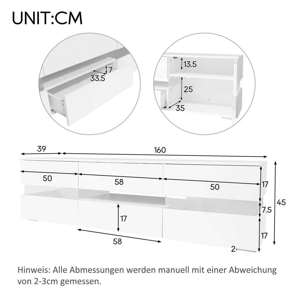 Mobile TV 160 cm bianco con illuminazione LED e apertura a pressione