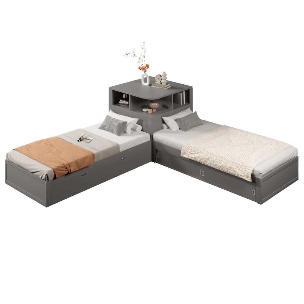 Letto singolo 90x200 con letto estraibile, LED e vani grigio