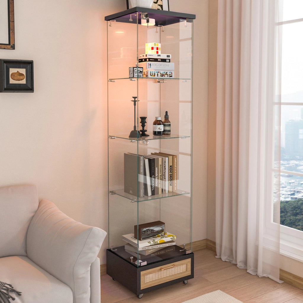 Libreria Vetrina con Cassetti e LED ¨C MINIMAL ¨C Nero, Vetro Temperato, 1 Anta, 167x42.5x36.5 cm