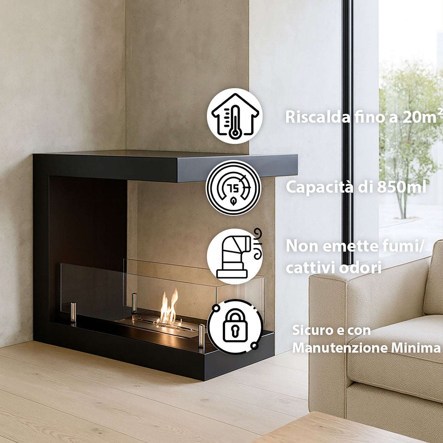 Camino a Bioetanolo da Terra Artico Design Aperto e Vetri Protettivi Serbatoio 850 ml in Acciaio Verniciato Nero