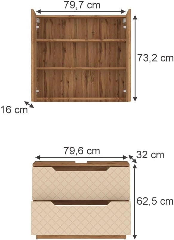 Set di mobili da bagno Lotta, Rovere/cashmere con struttura in piastrelle, 2 parti