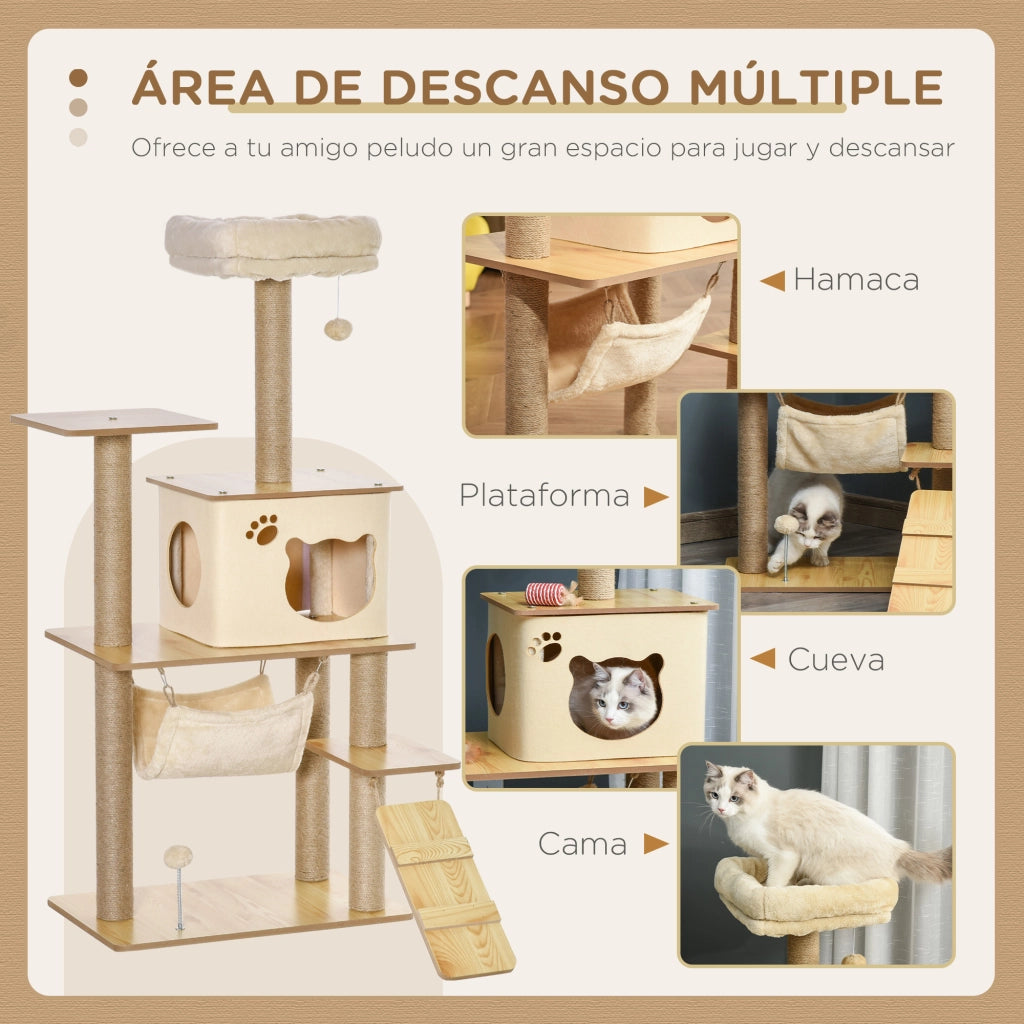 Albero tiragraffi per gatti con piattaforme, amaca e tana ¨C zephmum ¨C beige 130 cm