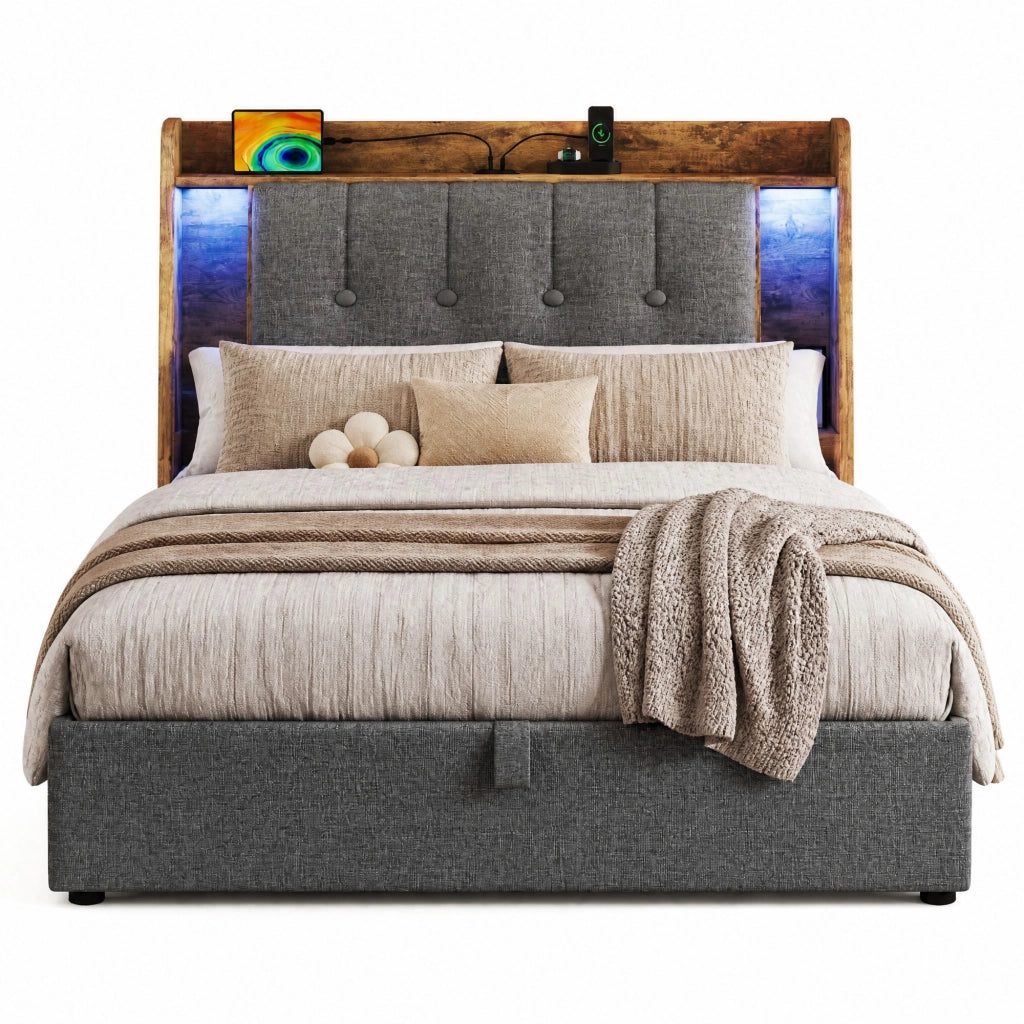 Letto imbottito grigio 90x200 cm con LED, USB/Type-C e vano contenitore