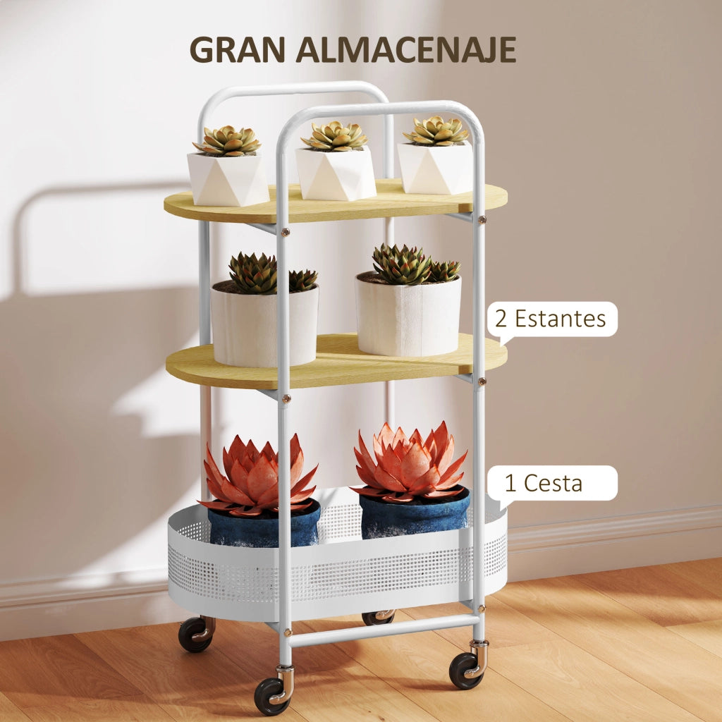 Tavolino con ruote e cestino ¨C zephmum ¨C bianco e legno naturale 49.5x32.5x82.5 cm