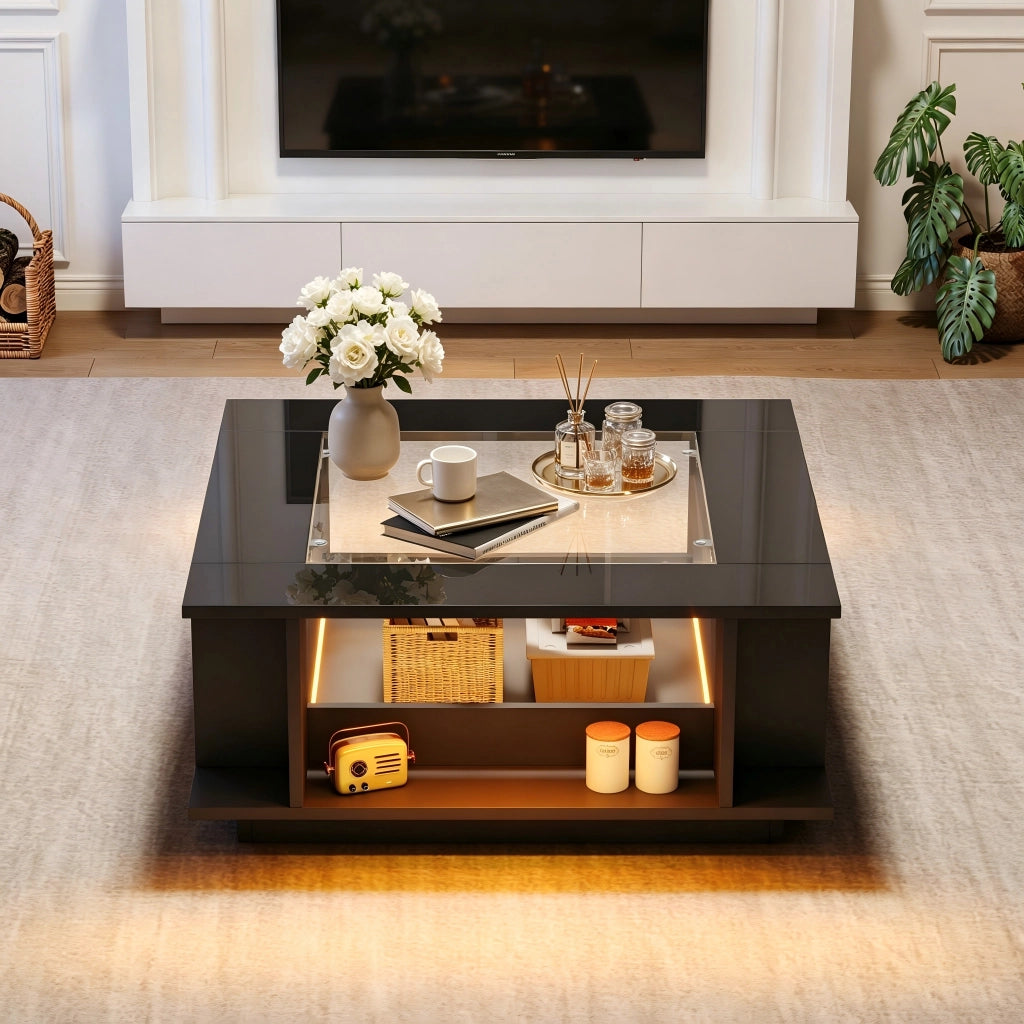 Tavolino da salotto quadrato 70x70x30 cm con piano in vetro, finitura lucida nera, LED e vano contenitore