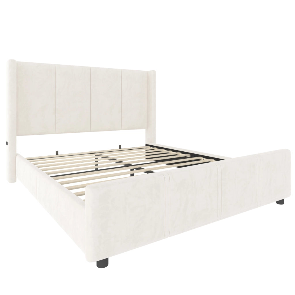 Letto imbottito 140x200 cm con testiera alta e porte USB/Type-C; rivestimento in velluto beige