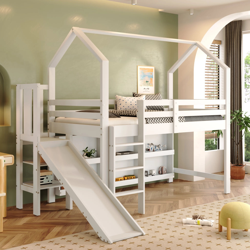 OKWISH Letto Bambino 90×200 cm, Letto Singolo con Scivolo, Scala, 6 Armadietti Contenitore e Mensola, senza Materasso, Bianco