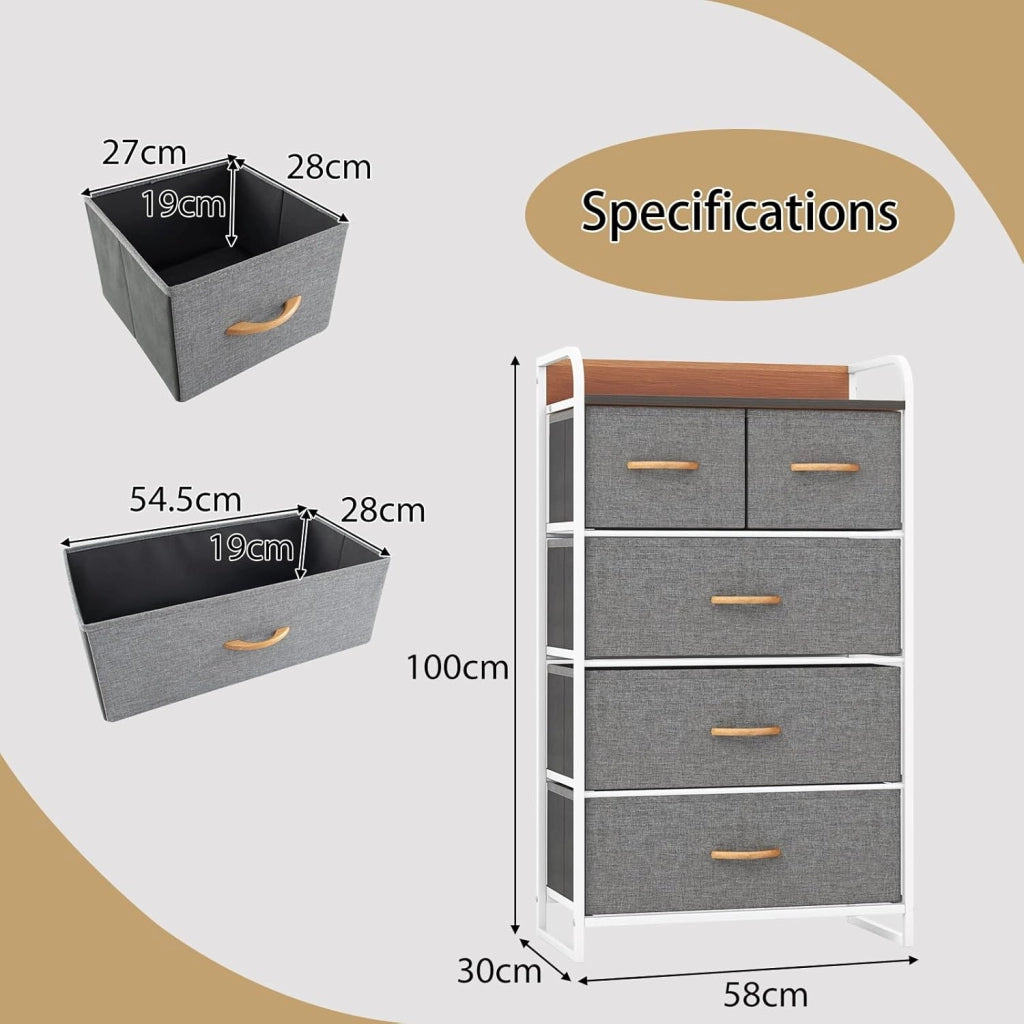 Cassettiera con cassetti in tessuto, credenze, struttura in acciaio e pannello in legno, armadietto per camera da letto (grigio, 5 cassetti)