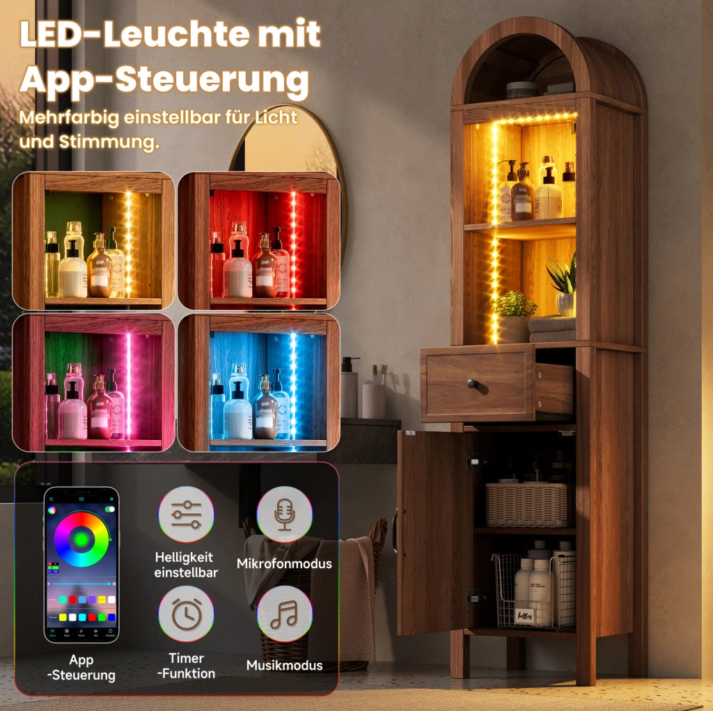 Mobile bagno alto 163 cm con LED RGB; anta reversibile; cassetto; MDF; noce