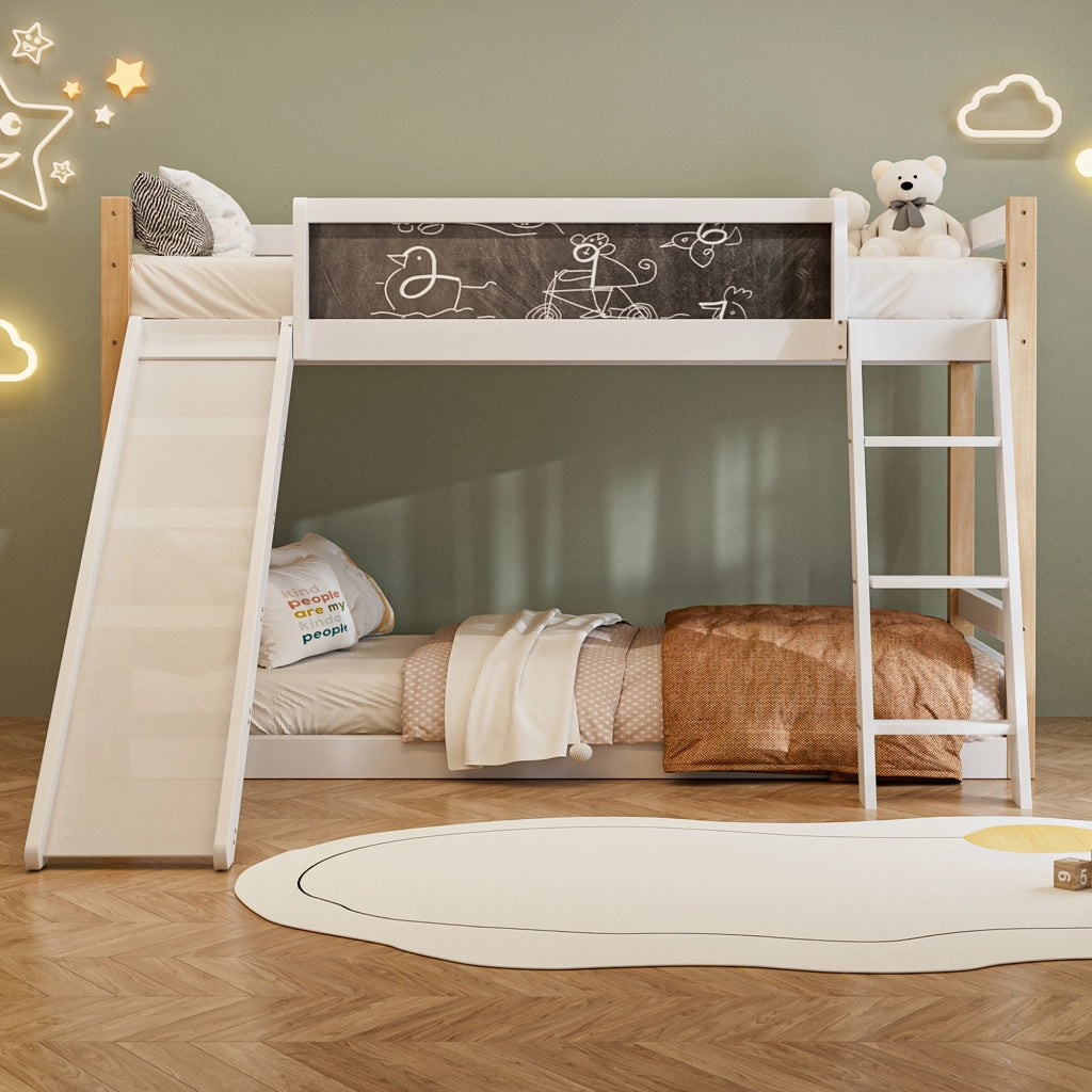 Letto a castello per bambini con scivolo e scala - Zephmum- Struttura stabile in legno, 4 lati protetti, certificato eco 747