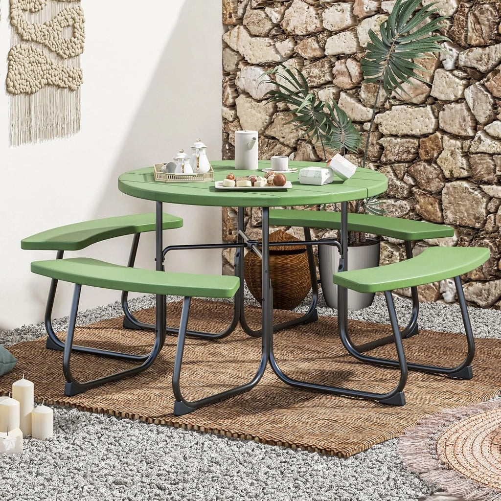 Set da giardino da picnic per 8 persone, tavolo da giardino rotondo con 4 panche, tavolo da birra con foro per ombrellone, set da giardino in HDPE, set per panca da birra (verde)