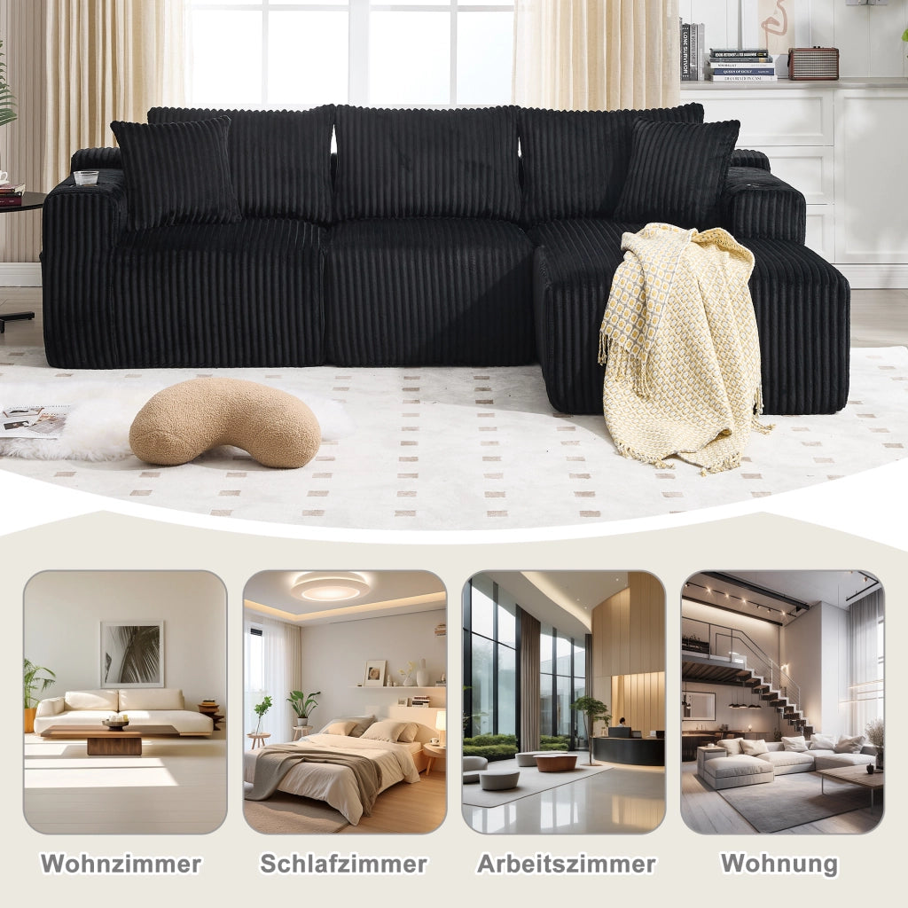 Divano modulare con chaise longue e 2 posti con 5 cuscini, tasche laterali e portabicchieri in velluto nero