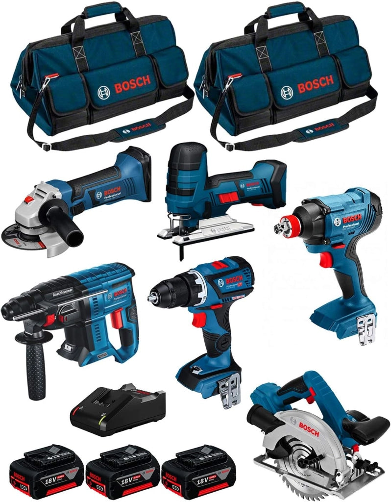 BOSCH Kit 18V BK602BAG (GDX 18V-180 + GBH 18V-21 + GKS 18V-57 + GST 18 V-LI S + GWS 18-125 V-LI + GSR 18V-60 C + 3 Batterie di 5,0 Ah + Caricabatterie + 2 Borse)