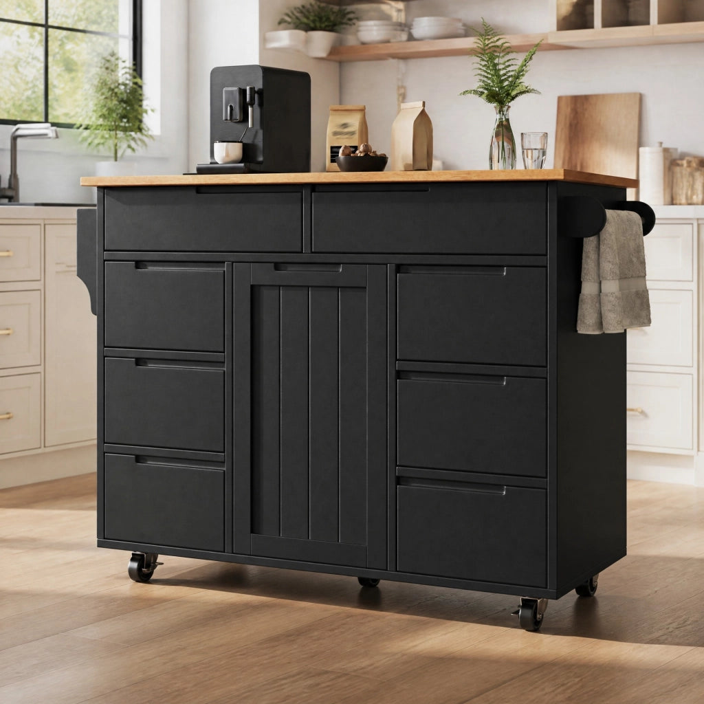 Isola cucina mobile in MDF nero con piano pieghevole e 8 cassetti
